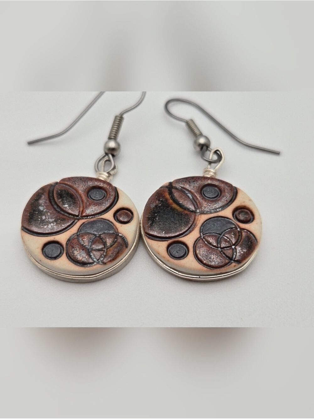 Ceramic Dangle Brown Gray Earth and Fire Pottery Earrings 1.5" Handmade Canada